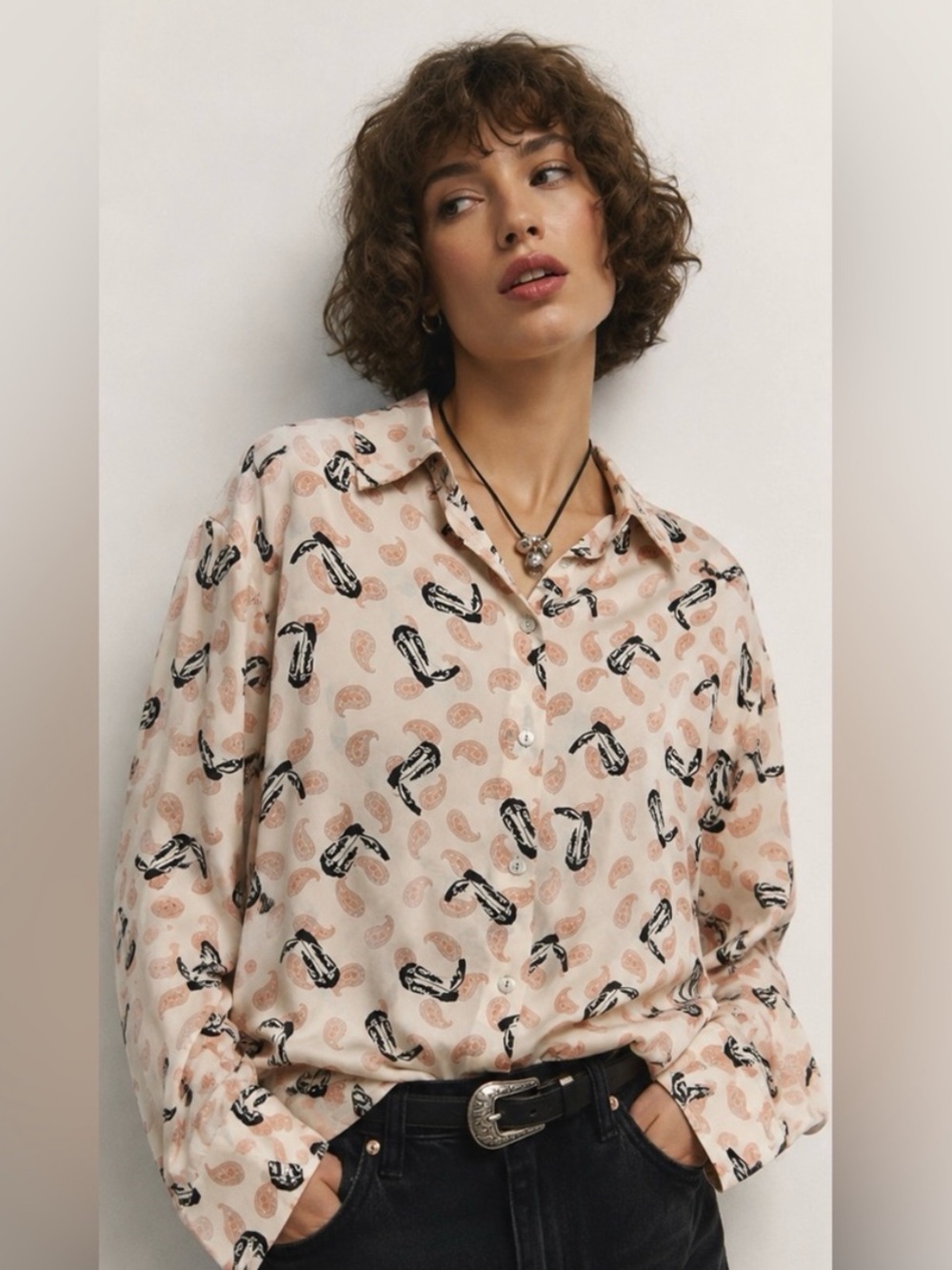 Zara Pink Western Boot and Paisley Print Button-Up Blouse NWT Size Small